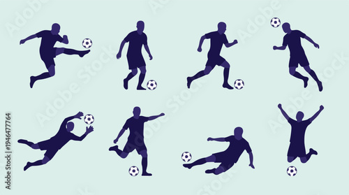 Football players in action, vector silhouettes with soccer balls