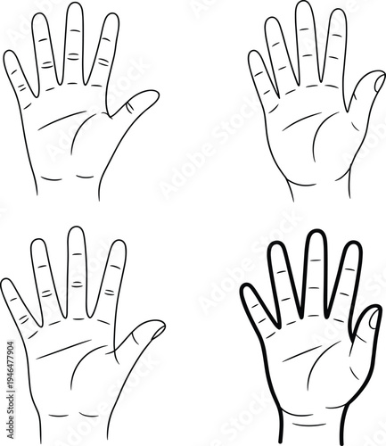 Black and white line drawings of human hands, palm forward with fingers spread, anatomy, gesture, and art reference illustration for design and education