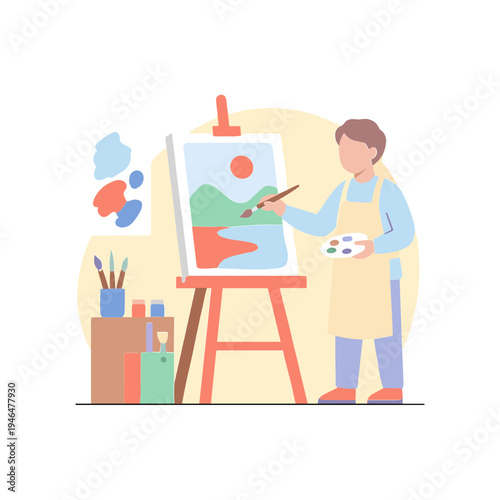 Artist painting landscape with vibrant colors on canvas indoors