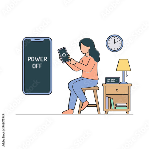 Woman sits on stool indoors turning off smartphone beside nightstand.