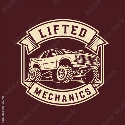 Lifted Mechanics Logo - A Detailed Illustration of a Monster Truck.