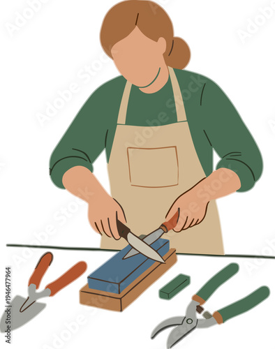 A woman is gardening with various tools and cutting a plant in the garden
