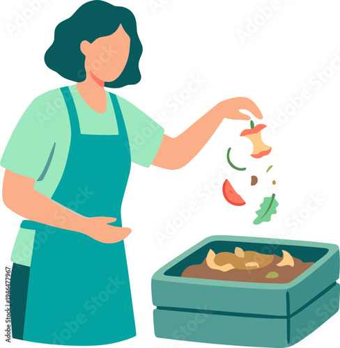 Woman adding vegetable scraps to a compost bin outdoors