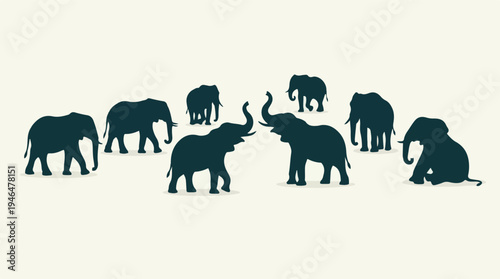 Herd of elephant silhouettes on a light beige background, graphic illustration