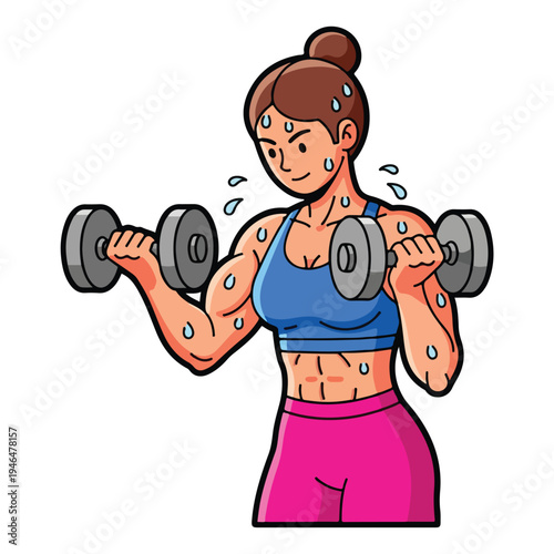 A woman lifting dumbbells while sweating