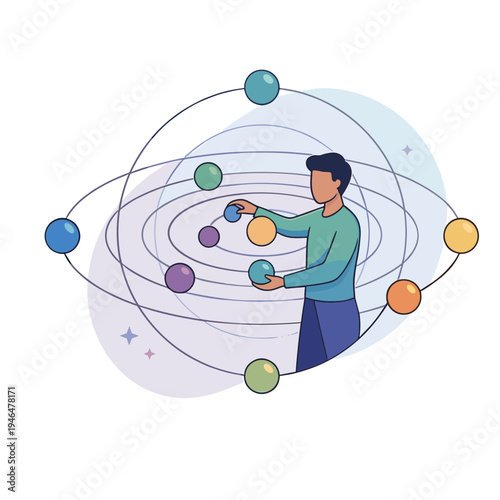 A man interacts with colorful orbiting planets and spheres in space.