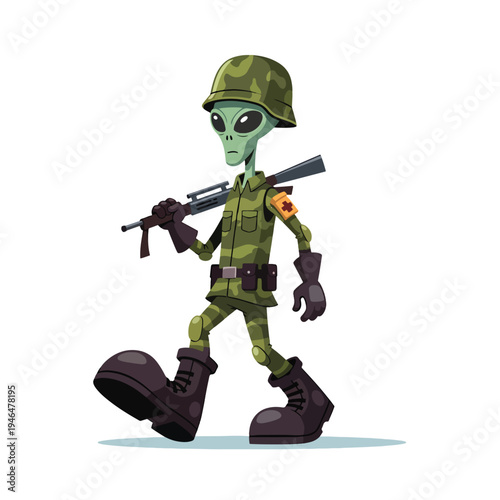 Cartoon alien soldier character in camouflage uniform marching with rifle, isolated vector illustration