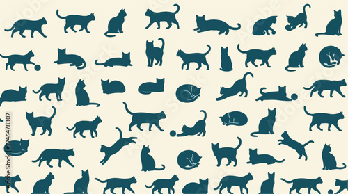 Artistic seamless pattern of various dark blue cat silhouettes