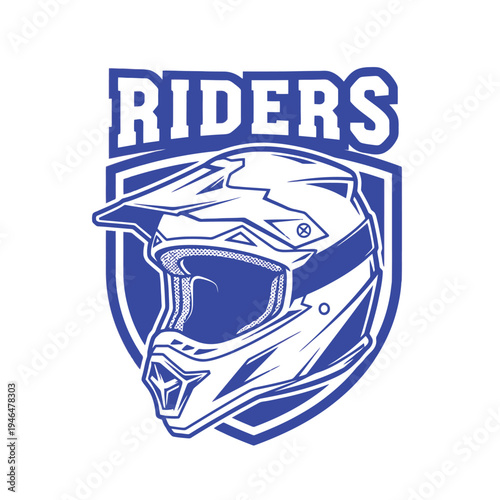 Motorcycle helmet illustration with riders text and shield design in blue color.