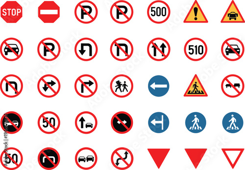 Collection of various traffic and warning road signs in a grid layout Vector