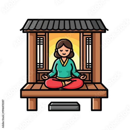 A woman meditates on a wooden platform
