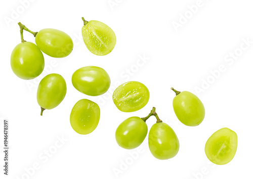 Scattered fresh Shine Muscat green grapes with halves isolated on transparent background