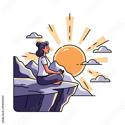 A woman meditates on cliff edge at sunrise