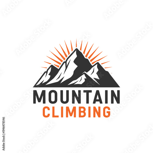 Mountain climbing logo design with sunburst and text for outdoor adventure.