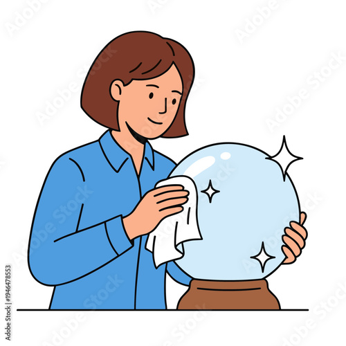 Woman cleans a crystal ball with a cloth indoors.