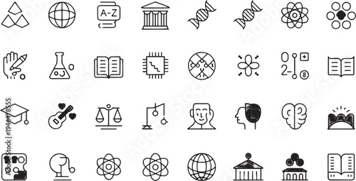 Science education icon set. Contain icons related to chemistry, physics, laboratory experiment, research study, scientific innovation, and more. Editable stroke. Vector Illustration.