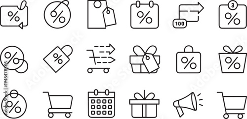Collection of hand drawn percentage and shopping sale icons isolated on transparent background