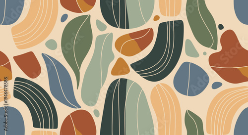 Colorful abstract shapes and leaves.