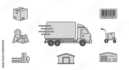 Truck and Warehouse Delivery Icons Set.