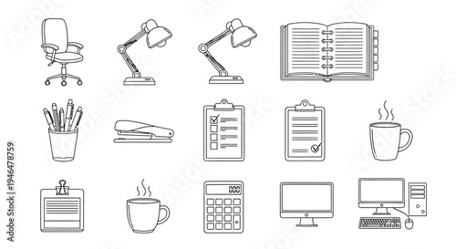 Office supplies and furniture icons.