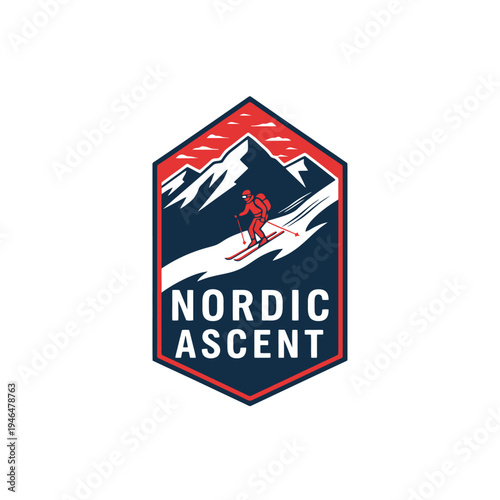 Nordic Ascent logo featuring a skier descending a snowy mountain slope with a red and white color scheme.