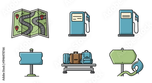 Gas pumps and fuel station map.
