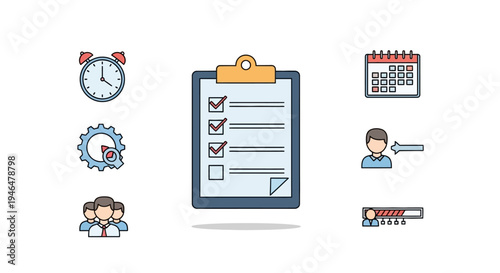 Checklist on clipboard with icons.