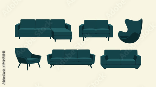 Modern teal furniture collection: sofas, armchairs, and lounge chairs