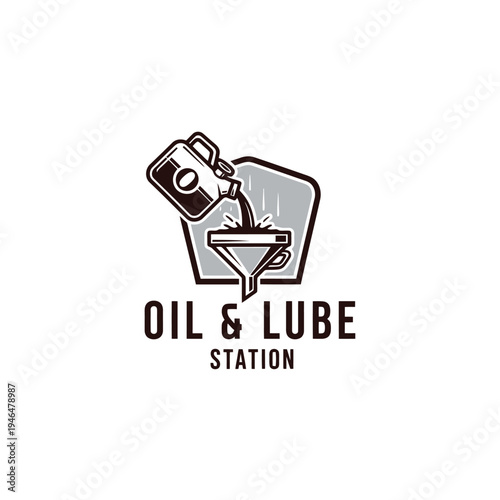 Oil and Lube Station Logo Depicting Pouring Oil into Funnel.
