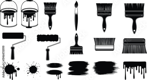 Painting tools set with paint buckets, brushes, rollers and splatters, black silhouette icons isolated vector illustration, cad drawing flat design