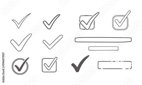Collection of various check mark and empty box symbols in dark gray tick