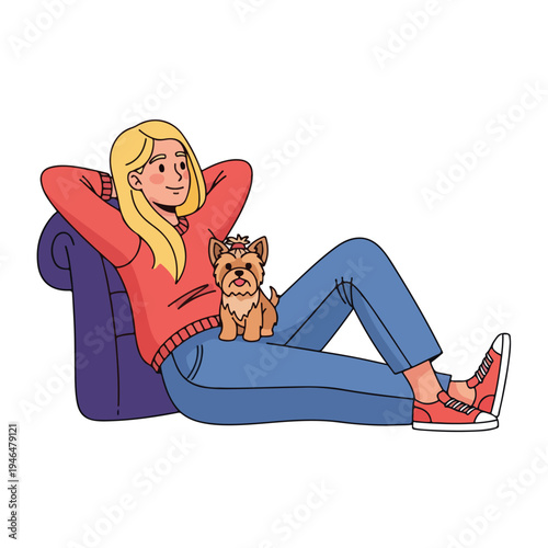 A woman reclines on a purple sofa with a small dog