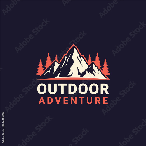 Outdoor Adventure Logo Featuring Mountains and Pine Trees in a Stylish Design.