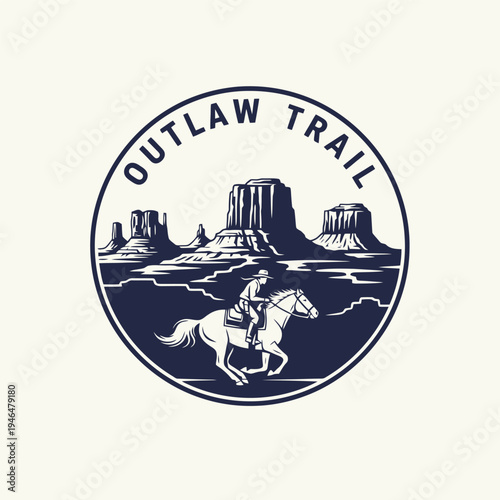 Outlaw Trail logo featuring a cowboy riding a horse through a desert landscape.