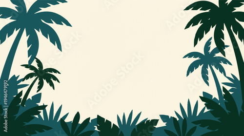 Tropical Jungle Frame with Palm Trees and Lush Foliage on Cream Background