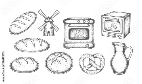 Hand drawn bakery including bread ovens windmill pretzel and jug loaf baguette round