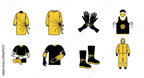 Set of 8 black and yellow personal protective equipment (PPE) vector icons for safety, medical, and industrial use, featuring gowns, gloves, boots