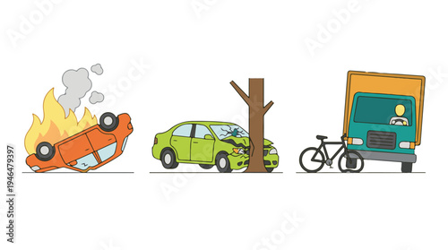 Vehicle Accidents: Car Fire, Tree Crash, and Damaged Bicycle