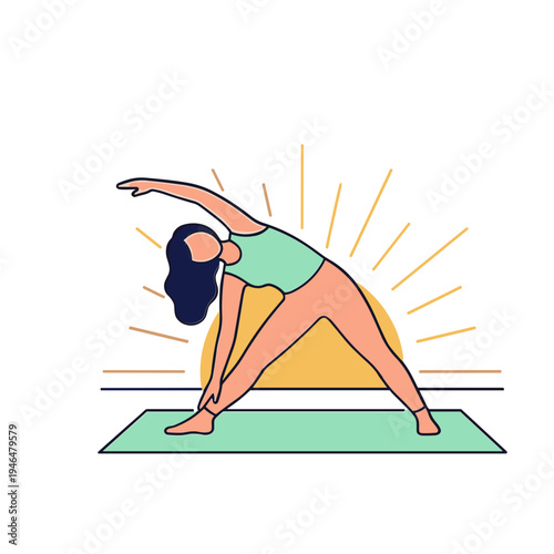 A woman practices yoga in a serene outdoor setting at sunrise