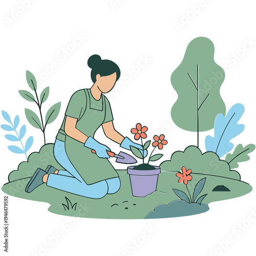 Woman planting flowers in garden with shovel and gloves on knees