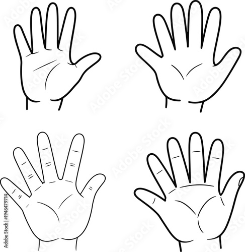 Black and white line drawings of human hands, palm forward, anatomy, gesture, and illustration styles for art, design, and educational reference