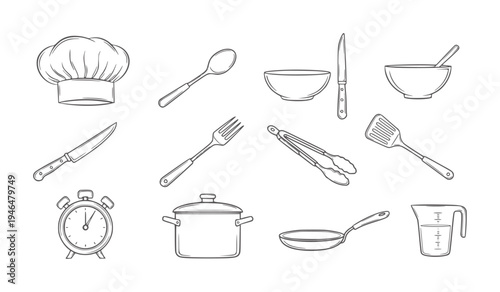 Hand drawn kitchen utensils and chef hat collection white spoon fork knife