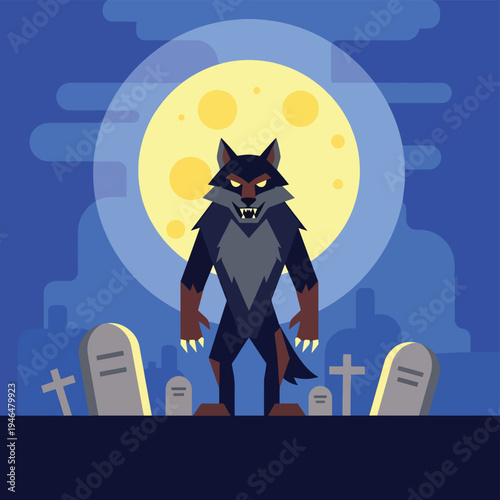 Cartoon Werewolf Under Full Moon in Graveyard