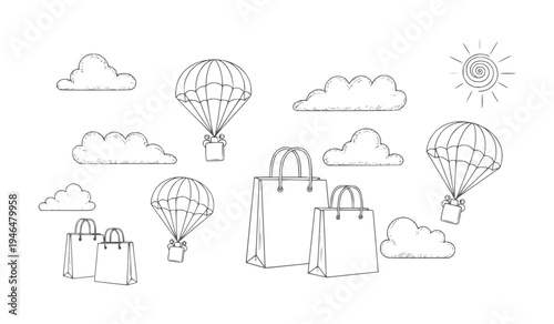 Hand drawn shopping bags and parachutes with gifts floating among clouds and sun