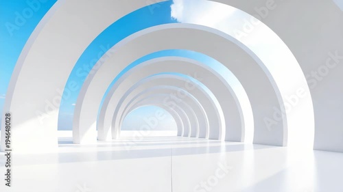 Modern white circular arches architectural structure forming a tunnel under a clear blue sky