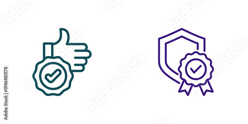 Two icons of thumbs up and badge with check mark isolated on transparent background