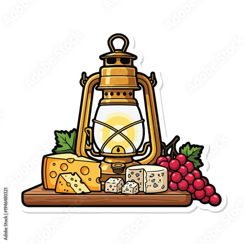 A still life of cheese, grapes, and a lantern on a wooden board