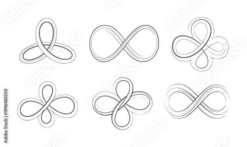 Six stylized infinity symbols and abstract knots in black ink loop