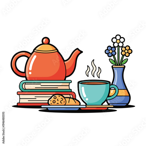 A still life with a teapot, books, and snacks