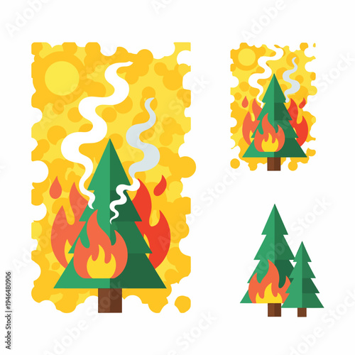 Burning Forest Flat Icon Set